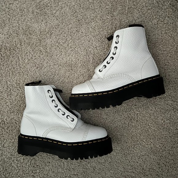 Dr. Martens Shoes - Dr. Martens White Leather Platform Lace-Up Boots with Black Lug Sole